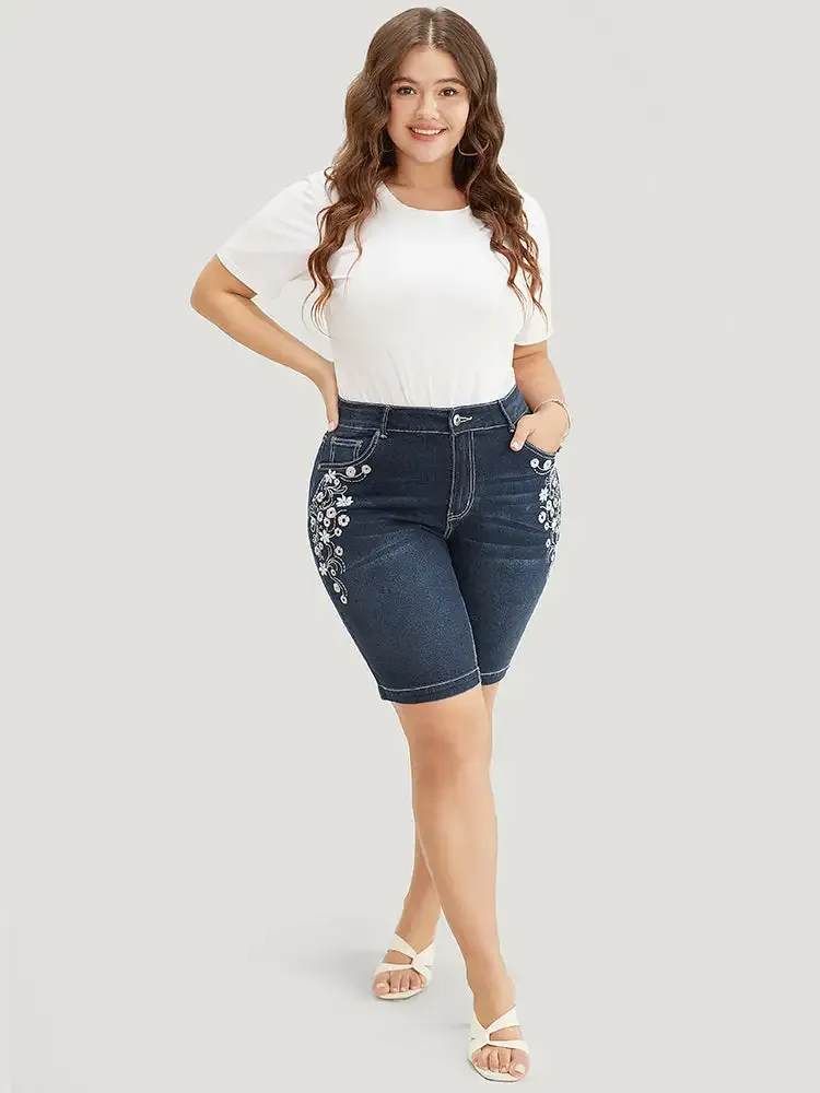 Very Stretchy High Rise Dark Wash Floral Embroidered Denim Shorts