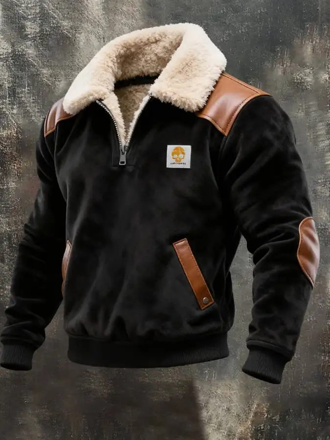 Men's Vintage Suede Leather Zipper Fur Collar Sweatshirt
