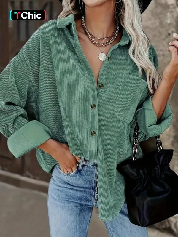 Women’s Plain Collared Minimalist Blouse – Casual Baggy Drop Shoulder Long Sleeve Top for Fall