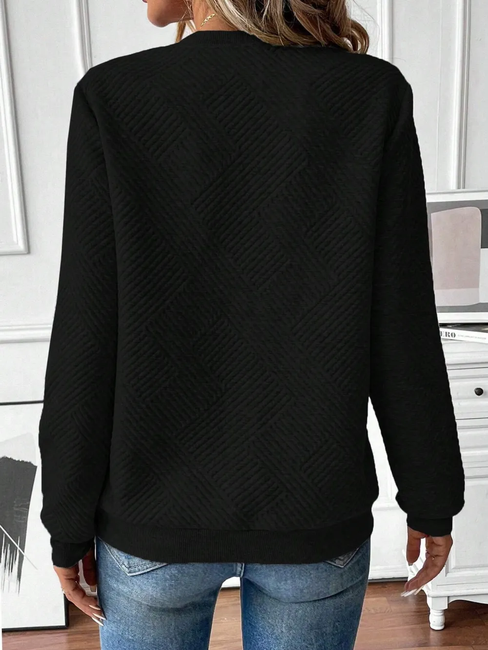 Women's Autumn Sweatshirt, Notched Neckline, Long Sleeve, Regular Shoulder, Ribbed Insert