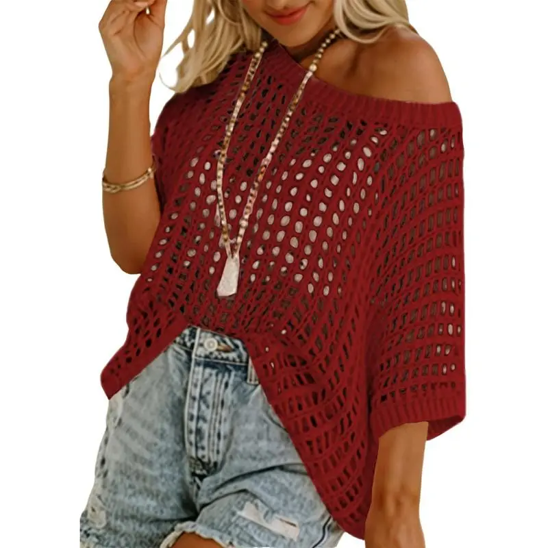 Women's Crochet Knit Short Sleeve Top – Summer Beach Cover-Up