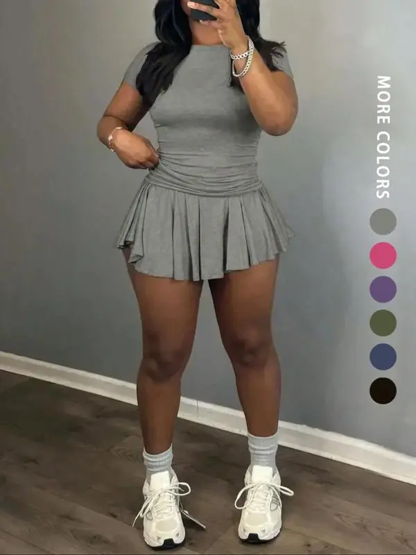 Casual Summer Skirt Set for Women – Tee & Pleated Skirt