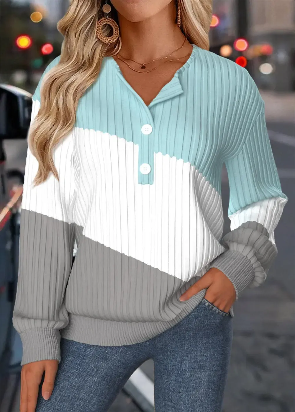 Multi Color Tummy Coverage Long Sleeve Split Neck Sweatshirt