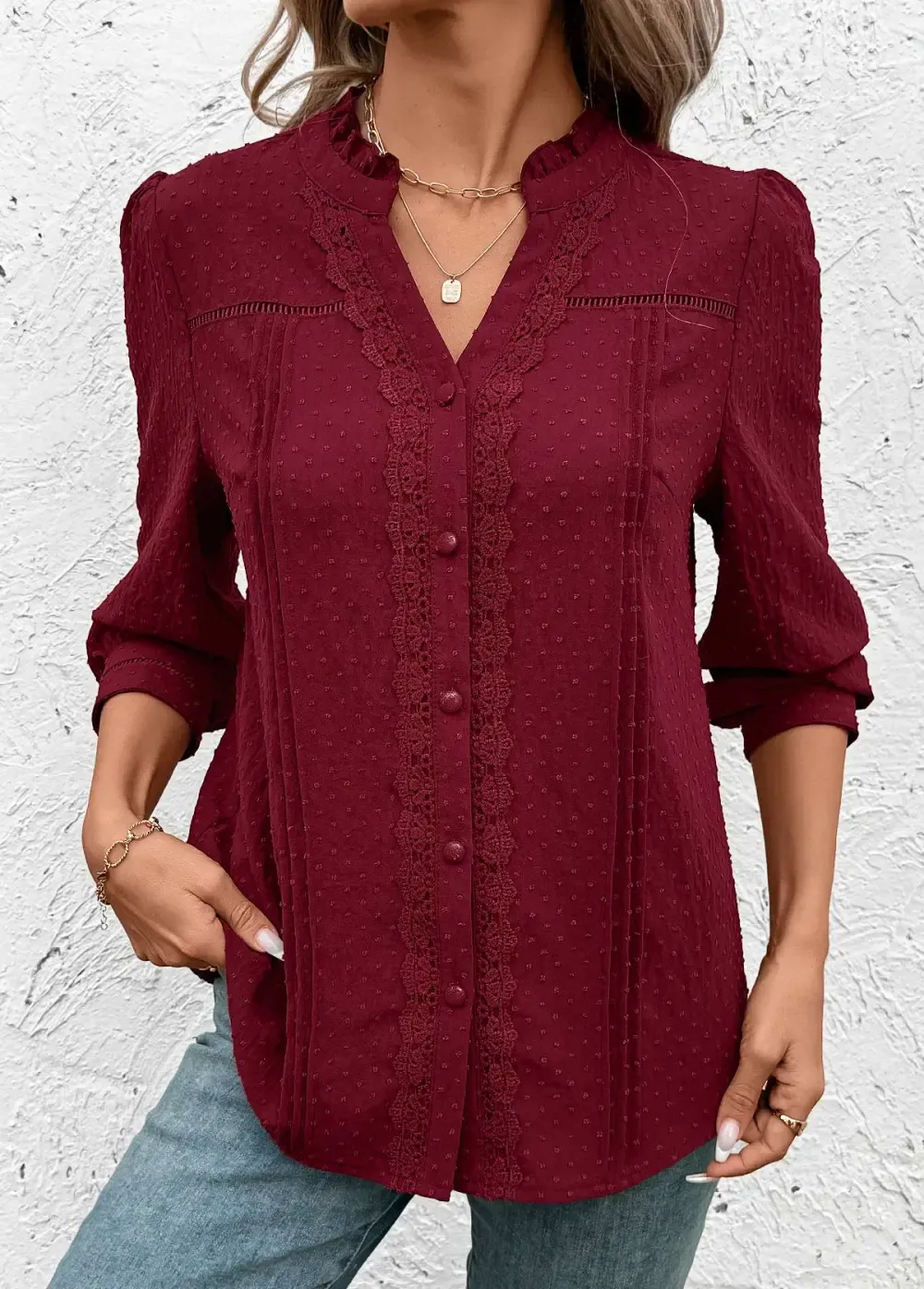 Wine Red Tummy Coverage Long Sleeve V Neck Shirt