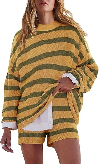 Womens Oversized Lounge Sets 2 Piece Outfits Striped Matching Pajama Set Long Sleeve Sweater Set