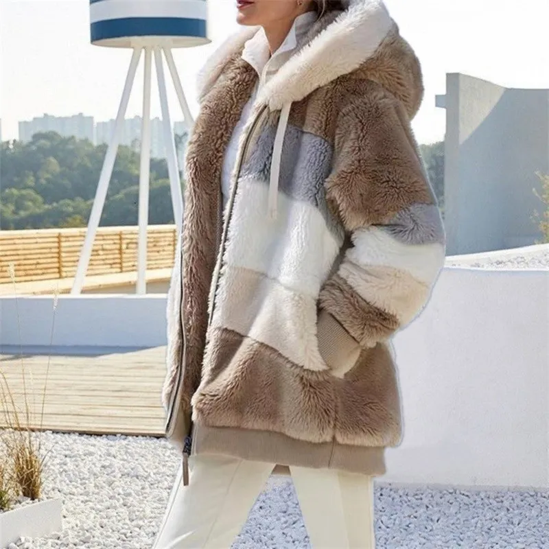 Contrast Plush Drawstring Hooded Jacket