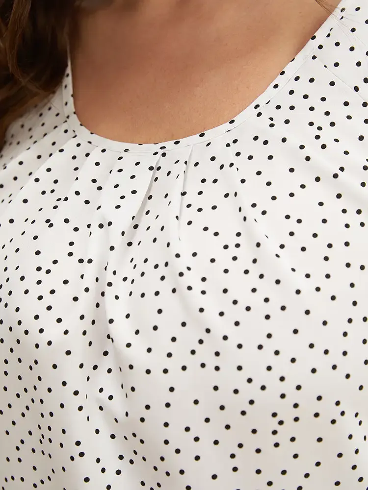 Polka Dot Pleated Round Neck Puff Sleeve Blouse