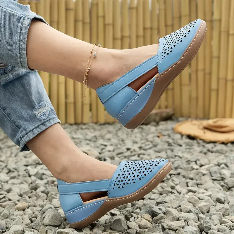 Women's Hollow Out Flat Sandals, Solid Color Cut-out Closed Toe Slip On Shoes, Casual Faux Leather Shoes
