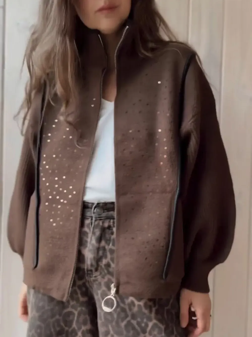 Women's Casual Pocket Sequined Knit Jacket