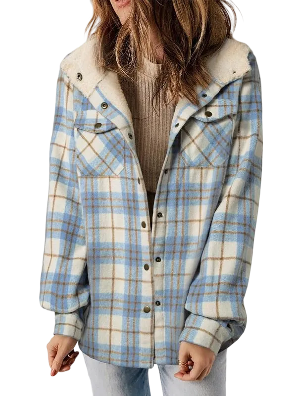 Women's Plaid/Houndstooth Button - Front Hooded Coat