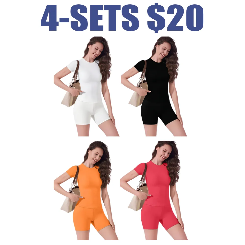 Women's 2-Piece Solid Set: Round Neck Tee & High Waist Biker Shorts For gym, yoga, workout & casual use