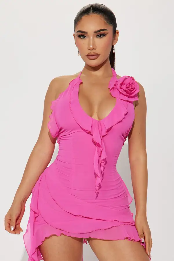 Ruffles and Roses Midi Dress - Neon Pink