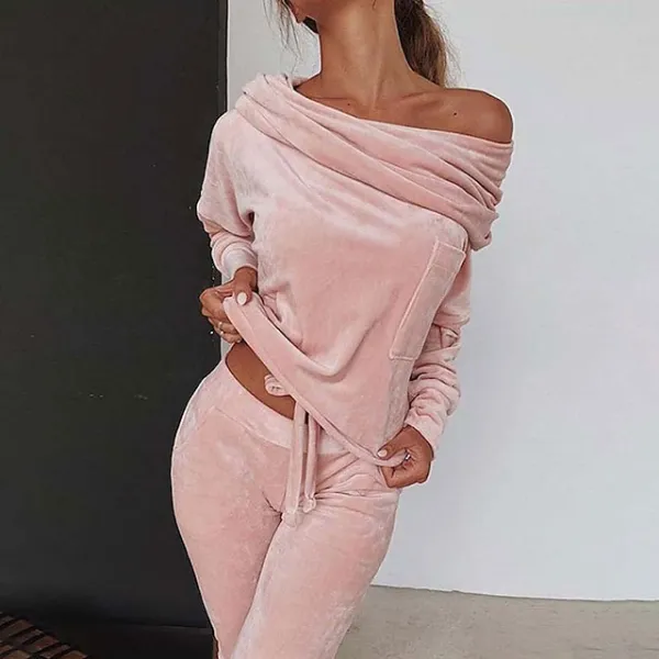 Women's Shirt Pants Sets Velvet Casual Daily Elegant Fashion Streetwear Long Sleeve Off Shoulder Black Fall & Winter