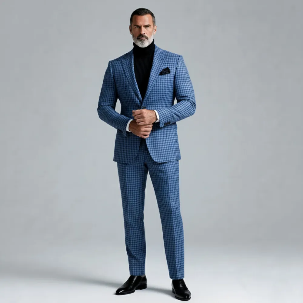 Men's Blue Plaid Notch Lapel Single Breasted Long Sleeve Blazer & Suit Pants 2Pcs Set