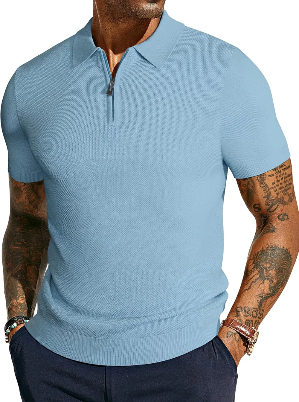 Men's Zipper Polo Shirt Textured Casual Knit Short Sleeve Polo T Shirt