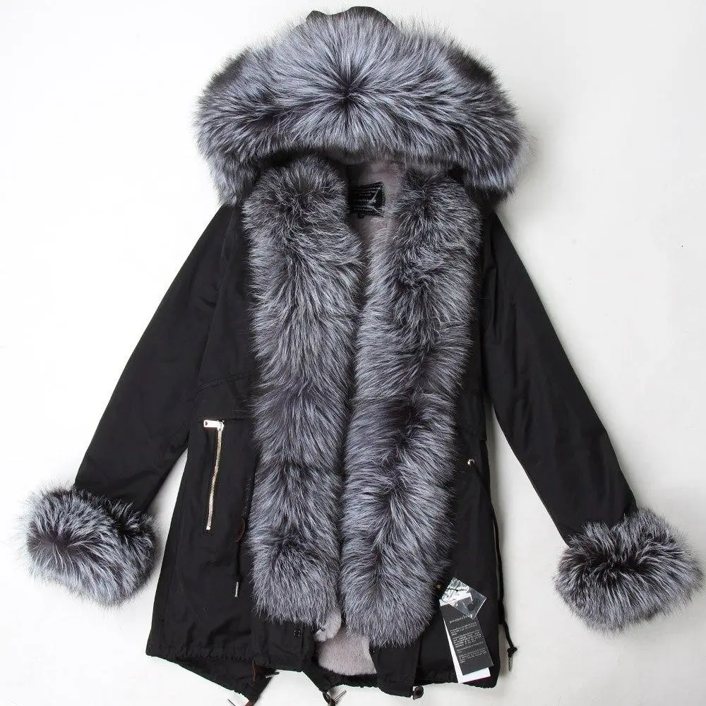 ✨Clearance Sale✨ Women's Parka Fox Fur Coats Real Fur Winter Long Black Park Cotton Thick Warm