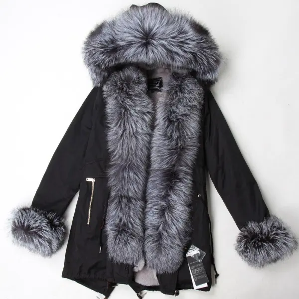 ✨Clearance Sale✨ Women's Parka Fox Fur Coats Real Fur Winter Long Black Park Cotton Thick Warm