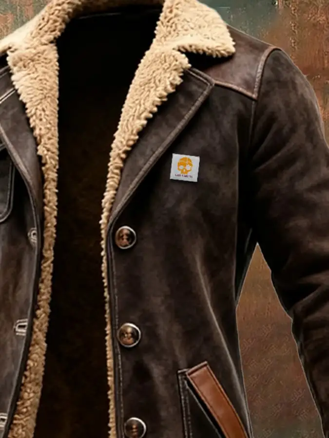 Men's Vintage Brown Shearling Coat With Fur Collar