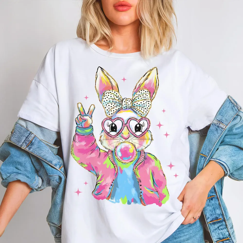Easter Pink Bunny Blowing Bubbles Printed Round Neck Short Sleeve T-Shirt