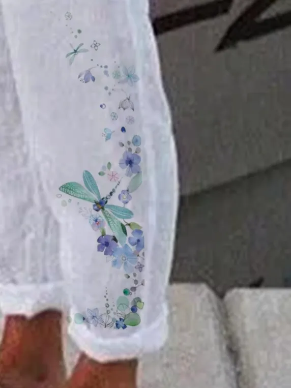 Daily Casual Cotton Linen Floral Dragonfly Print Baggy Pant