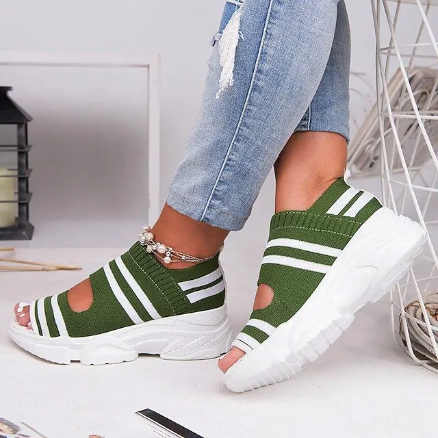 Women's Sandals Wedge Sandals Platform Sandals Plus Size Outdoor Daily Wedge Heel Open Toe Sporty Casual Preppy Tissage Volant Loafer Striped Black Yellow Blue