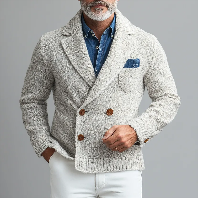 Men's Business Lapel Collar Double Breasted Chest Pocket Knit Jacket