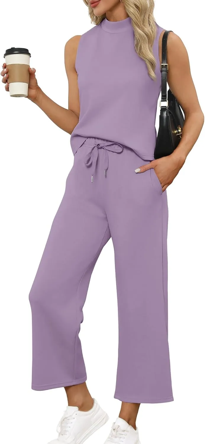Two Piece Sets for Women Summer Outfits Lounge Sets Mock Neck Tops Wide Leg Crop Pants Vacation Travel Outfits