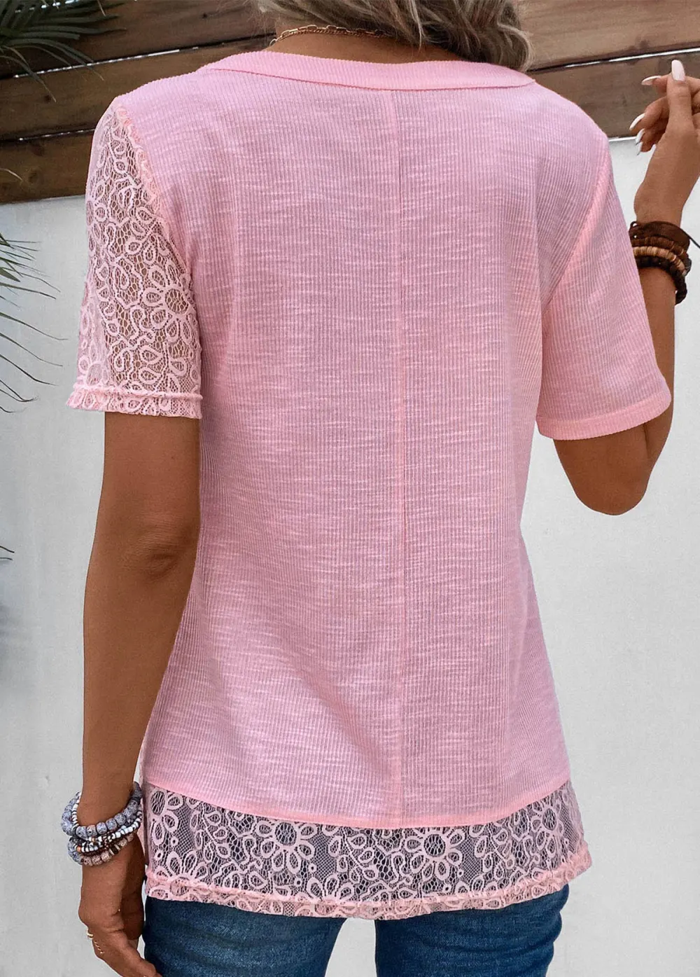 Patchwork Floral Print V Neck T Shirt