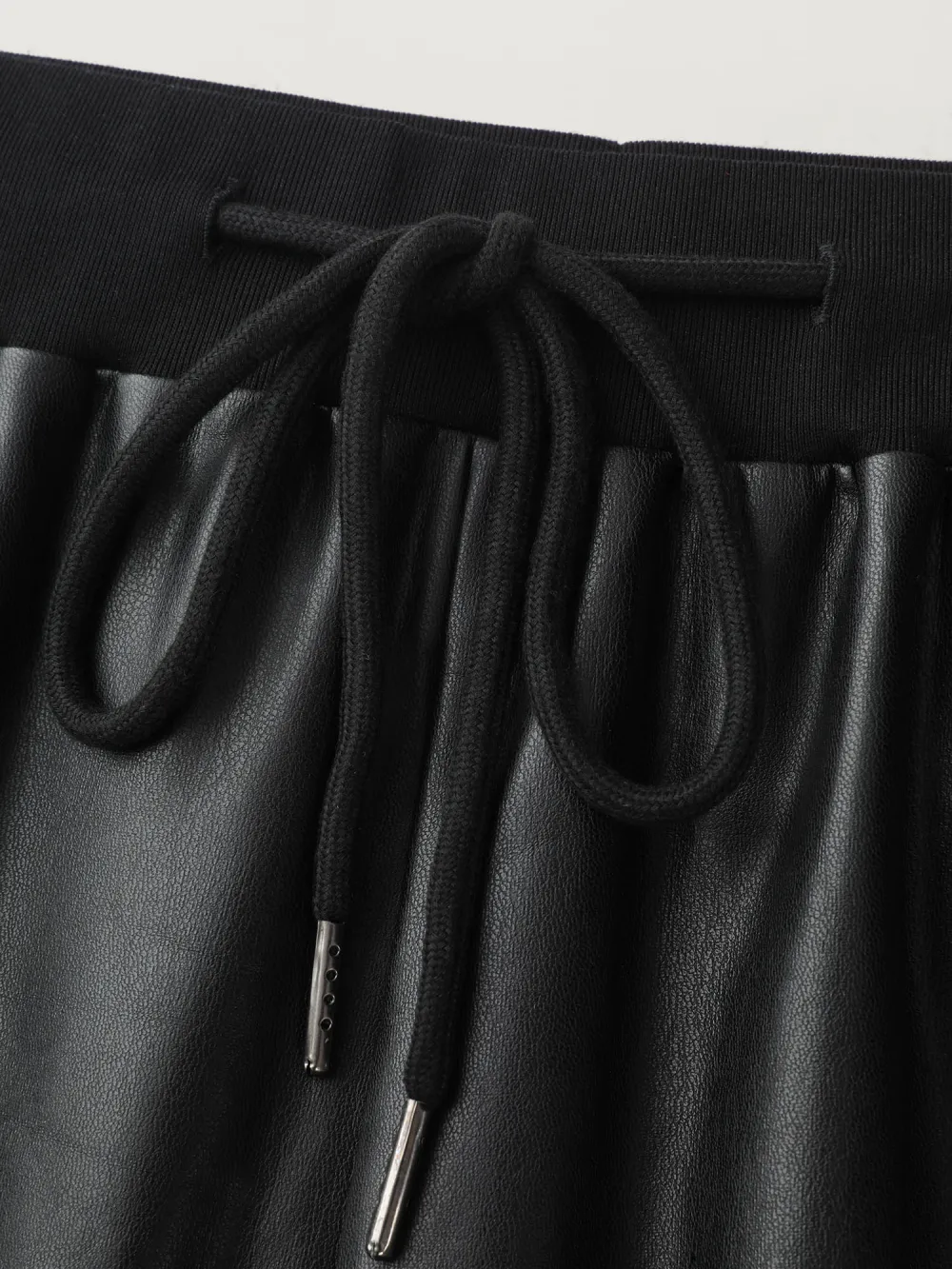 Ribbed Trim Spliced Leather Drawstring Pants