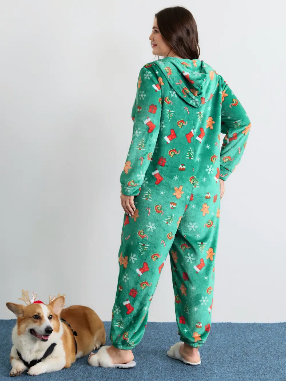 Fleece Holiday Pattern Pockets Hooded Sleep Jumpsuit