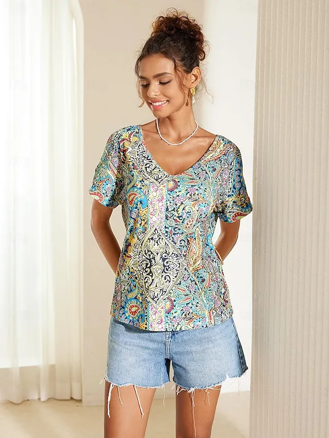 Women's Boho Shirt Tee Paisley Vintage Rainbow Print Blouse V Neck Half Sleeve Casual Short Sleeve Ethnic Summer Spring Shirts