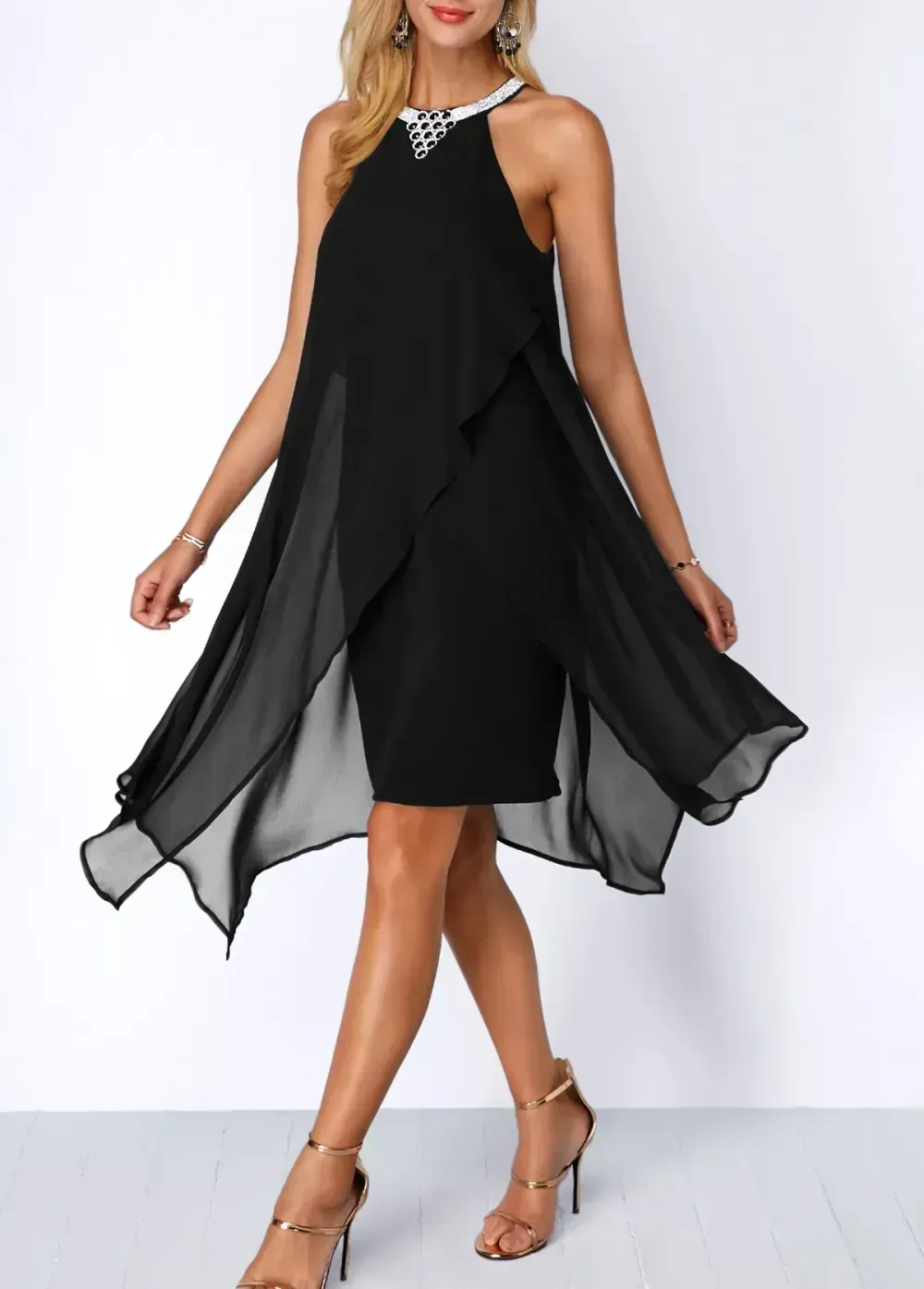 Embellished Neck Asymmetric Hem Chiffon Overlay Dress