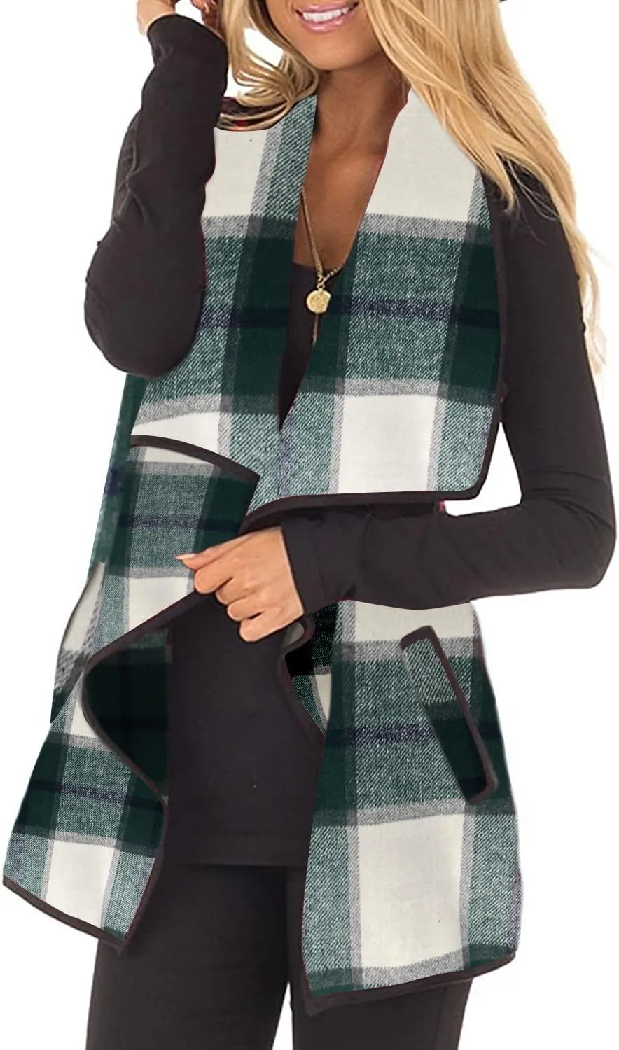 Womens Buffalo Plaid Vest Casual Lapel Open Front Sleeveless Cardigan Jacket Coat with Pockets