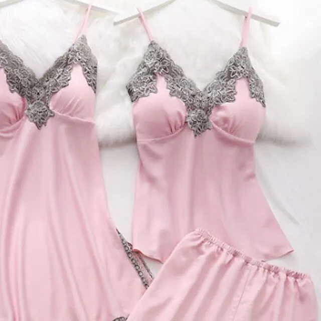 Women's Lingerie Pajama Sets 5 Pieces Satin Floral Lace Cami Top with Robe Nightgown Pants Pink Black Size XXL