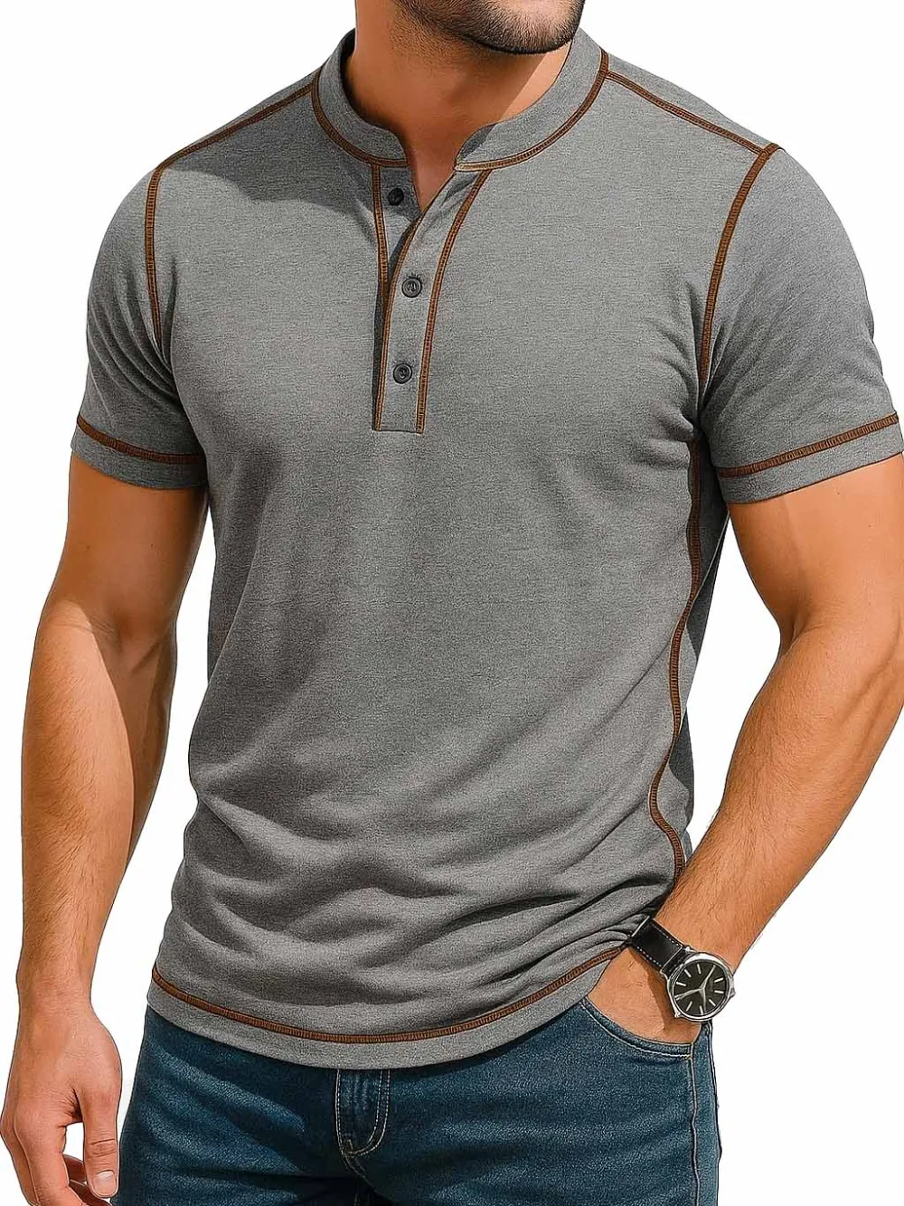 Men's Fashion Retro Contrast Color Line Short Sleeve Henley Shirt 