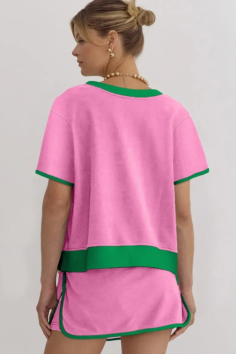 ✨Women's Colorblock Edge Drop Shoulder T Shirt Skort 2Pcs Set
