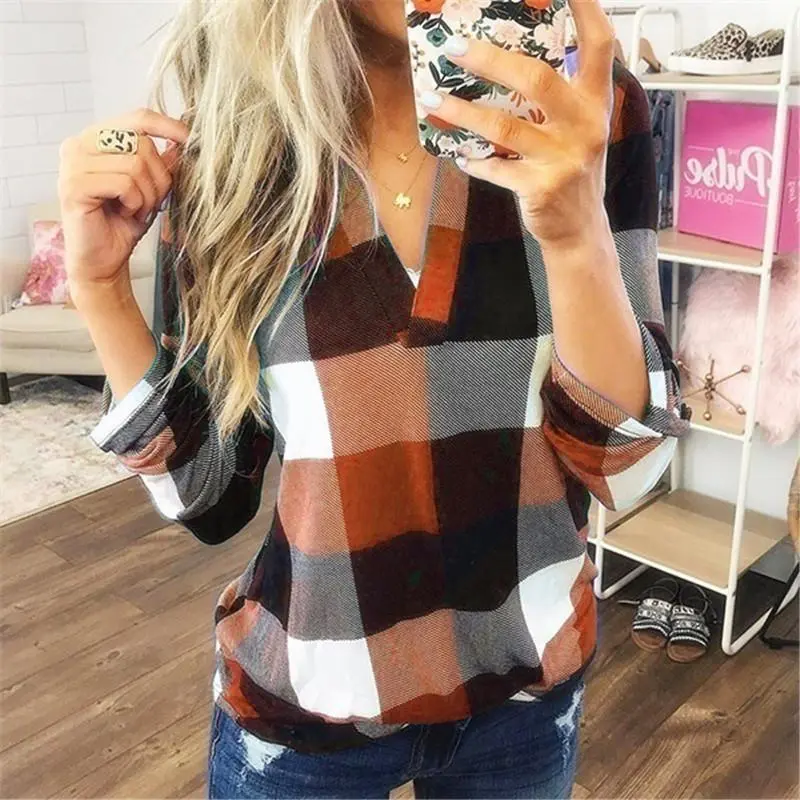 V Neck Lattice Color-blocked Long Sleeve Casual T-Shirt
