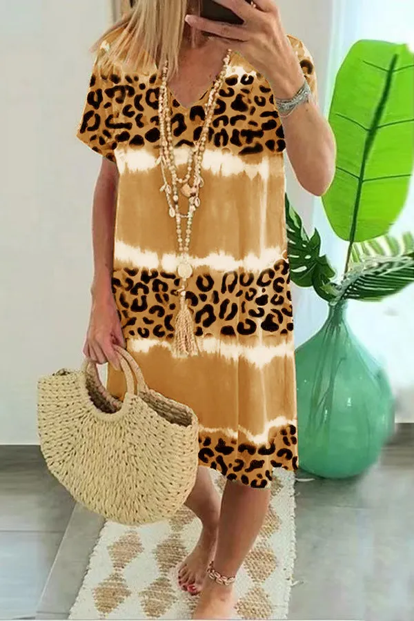 Colorblock Leopard Print V-Neck Dress
