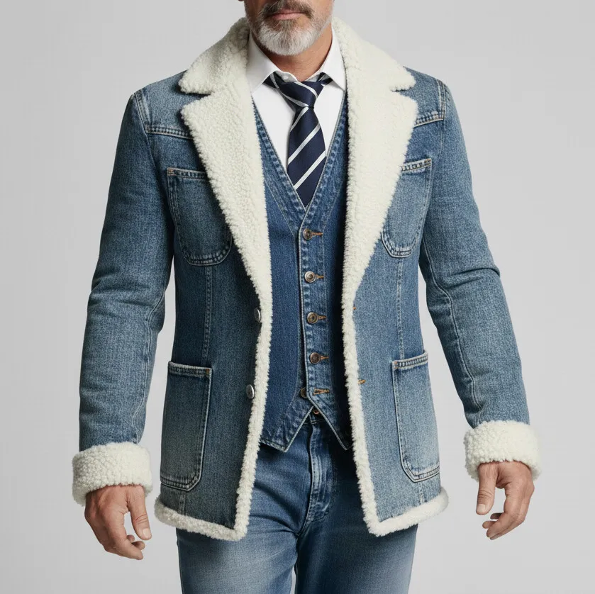 Men's Blue Denim Notched Lapel Two Button Patch Pockets Long Sleeve Sherpa-Lined Jacket