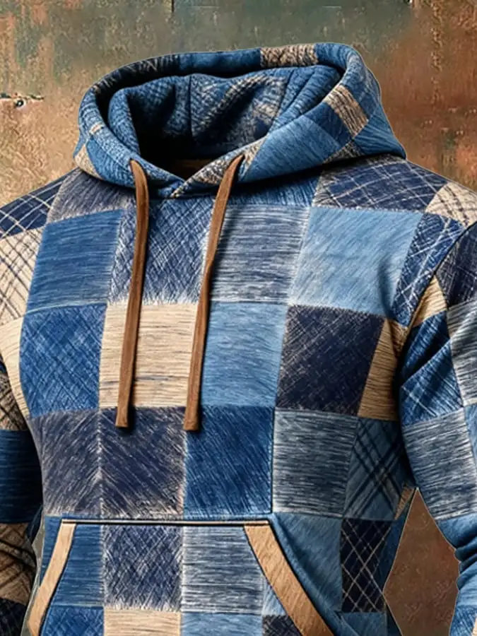 Men's Retro Distressed Color Block Print Casual Long Sleeve Sweatshirt