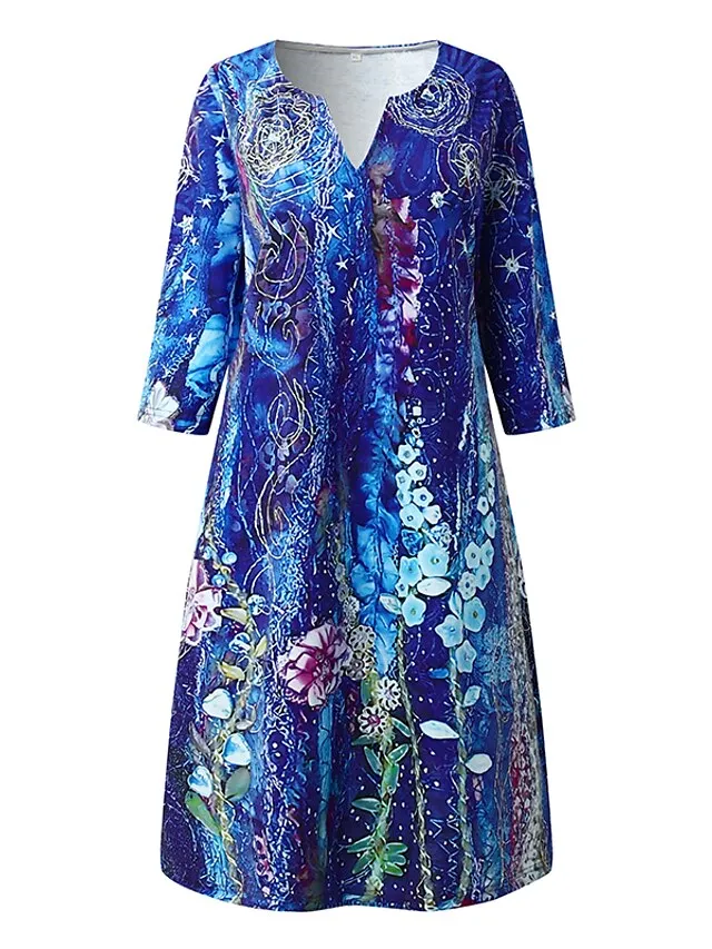 Women‘s Shift Dress Knee Length Dress 3/4 Length Sleeve Floral Print Summer Spring Fall V Neck Casual 2023 S M L XL XXL XXXL 4XL