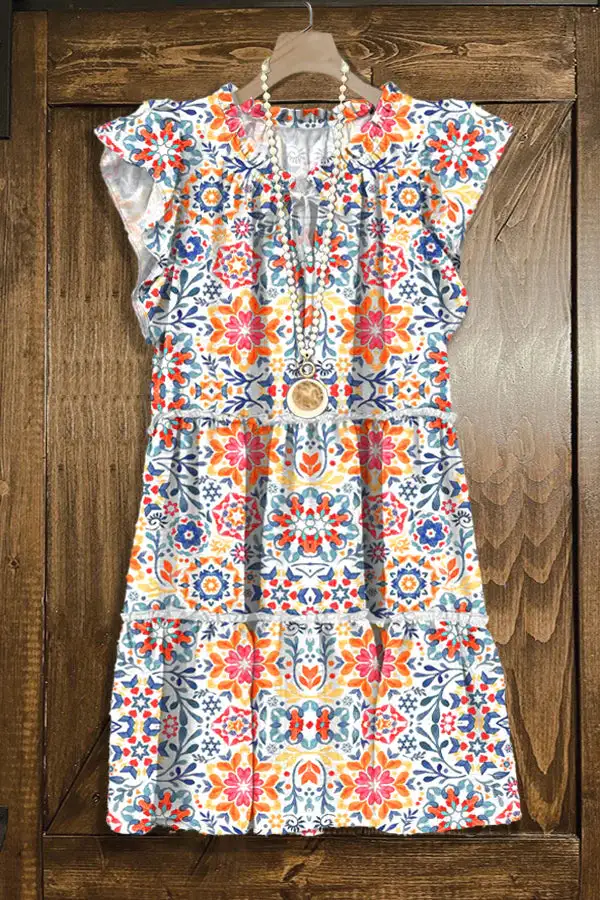 Vintage Graphic Print Ruffled Midi Dress