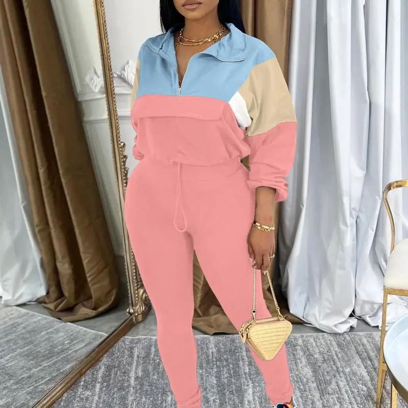Women's Two - Piece Knit Tracksuit: Zip Jacket & Elastic Waist Pant, Pink - Blue Colorblock