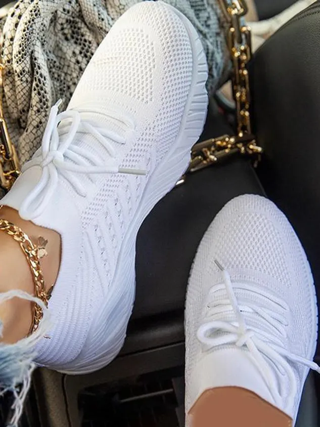 Mesh Platform Solid Color Lace-Up Flyknit Lightweight Soft Sole Slip-On Sneakers（⚡Clearance Sale）
