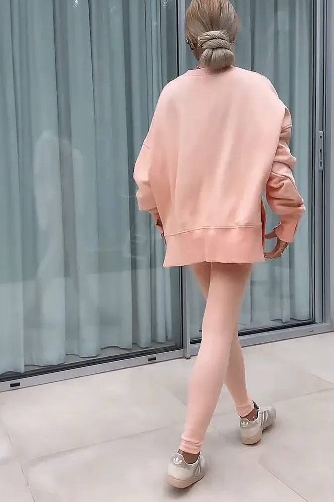 Women's solid color round neck top and pants two-piece set