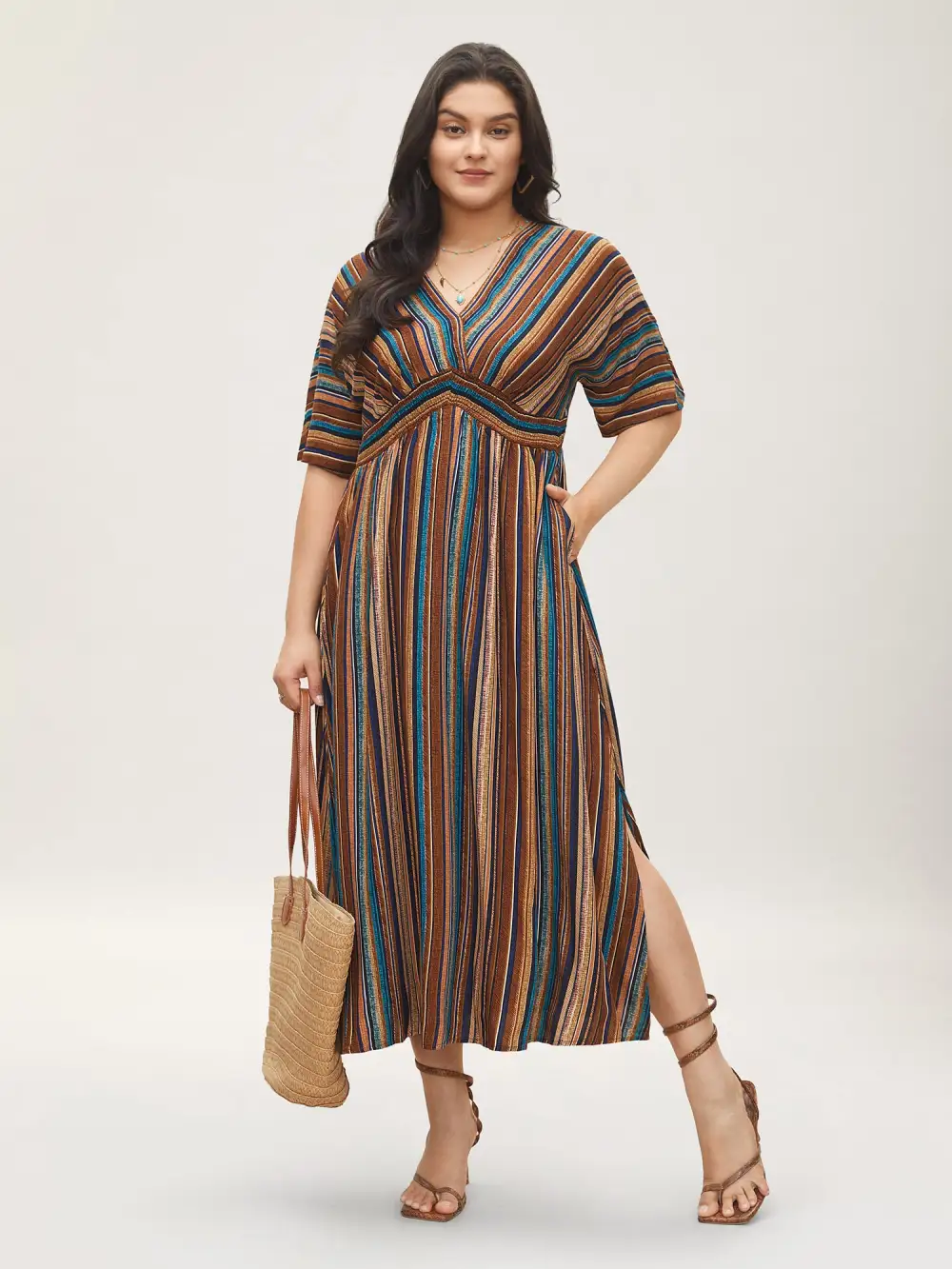 Striped Contrast Dolman Sleeve Shirred Pocket Split Flutter Dress