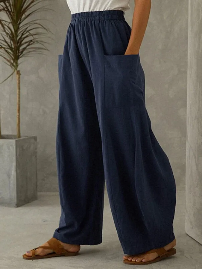 Women's Solid Cotton Linen Large Pocket Wide Leg Pants