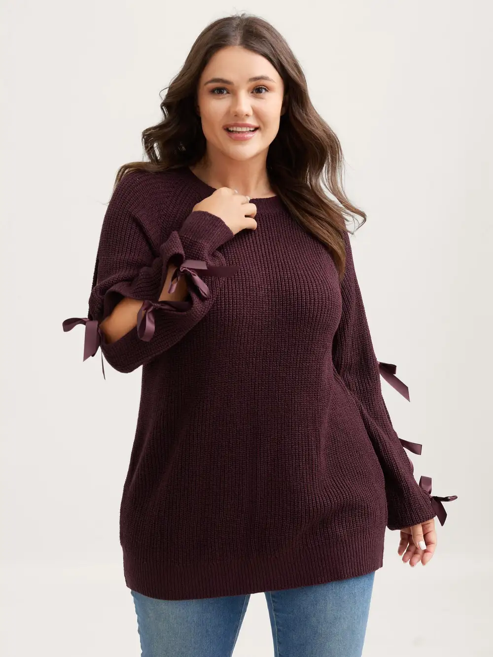 Bowknot Cut-Out Sleeve Solid Pullover