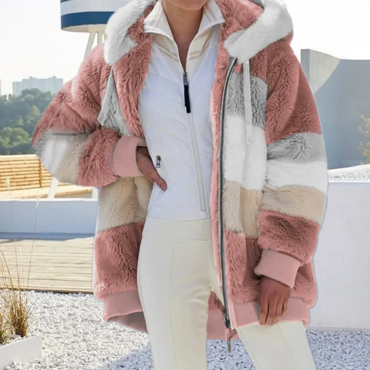 Contrast Plush Drawstring Hooded Jacket