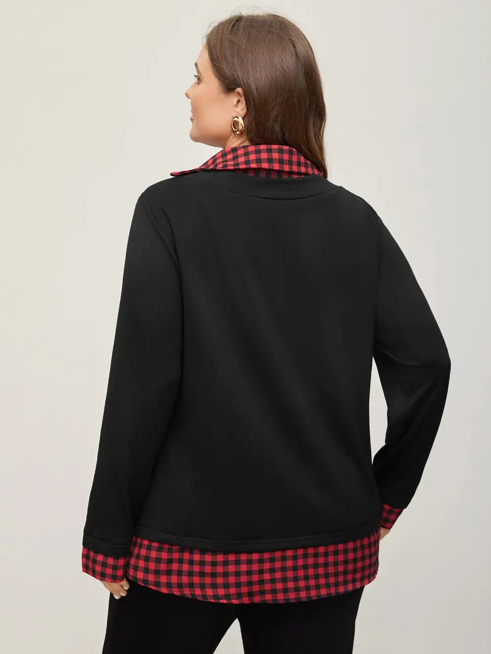 Gingham Patchwork Shirt Collar Arc Hem Sweatshirt